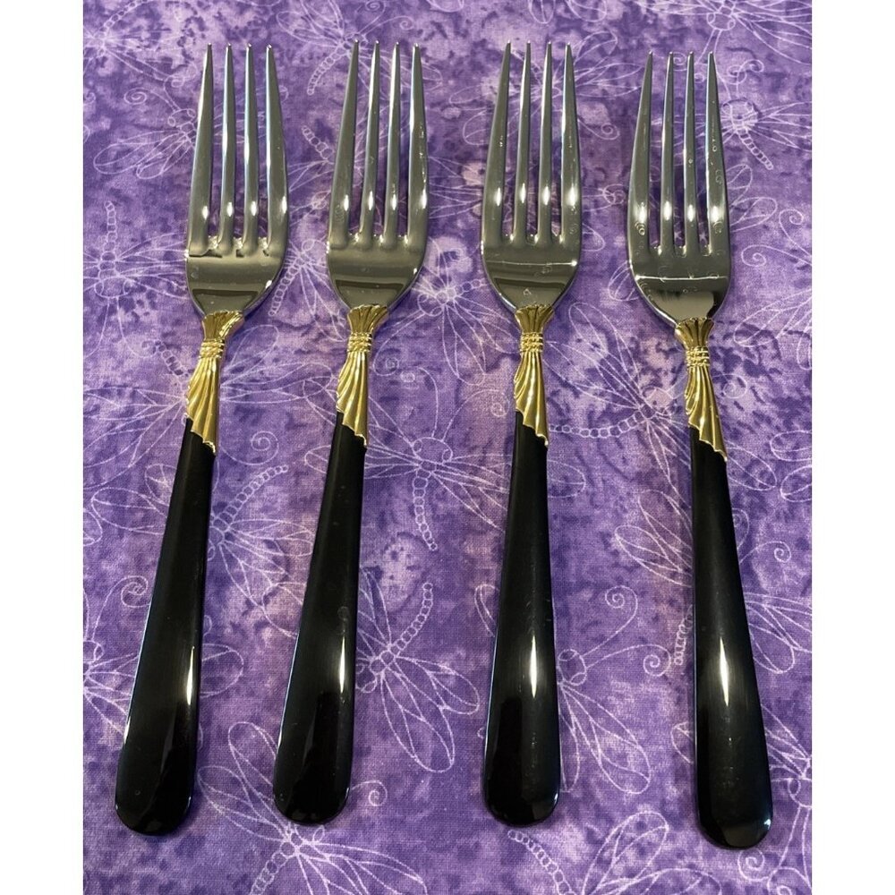 Yamazaki Lindi Dinner Forks 18/8 Stainless Black Handle Gold Accent Set Of 4 VTG